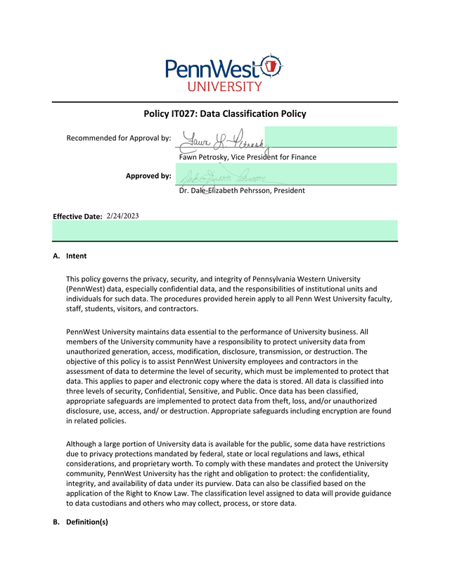 Policy IT027 Data Classification Policy screenshot