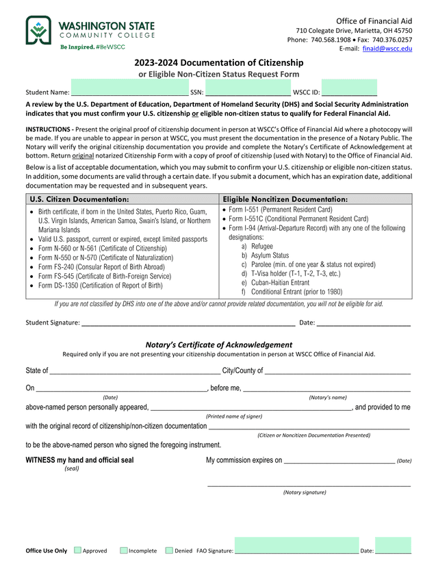 2023 2024 Documentation Of Citizenship Or Eligible Non Citizen Status Request Form screenshot