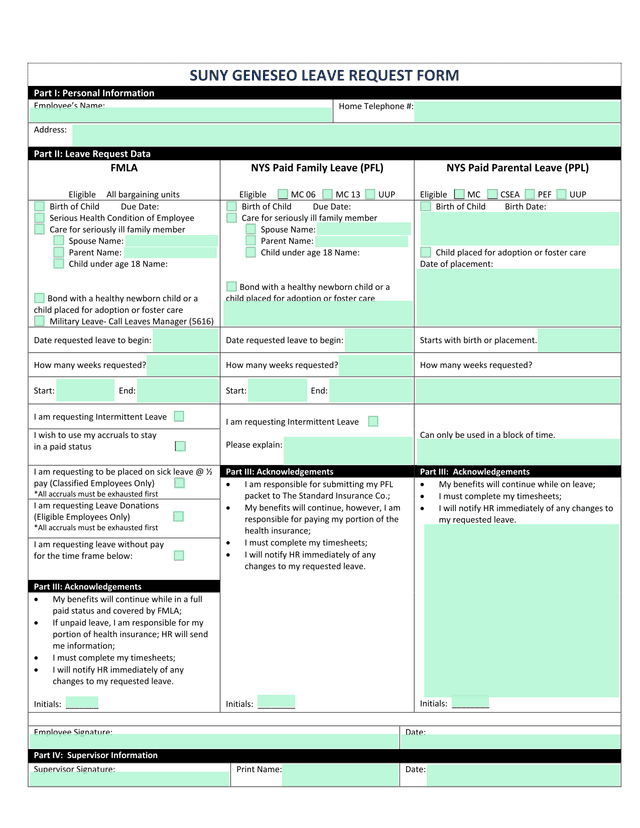 SUNY Geneseo Leave Request Form screenshot