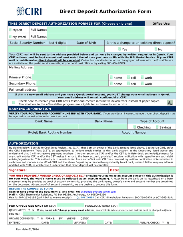 Direct Deposit Authorization Form screenshot