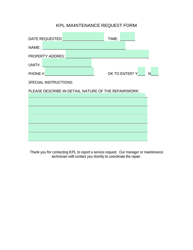 KPL Maintenance Request Form screenshot