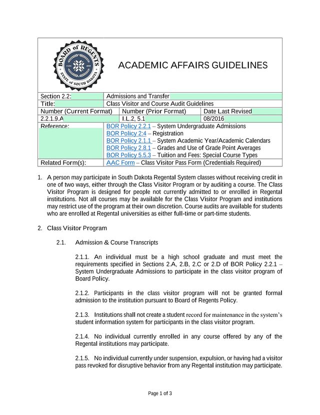 Class Visitor And Course Audit Guidelines screenshot