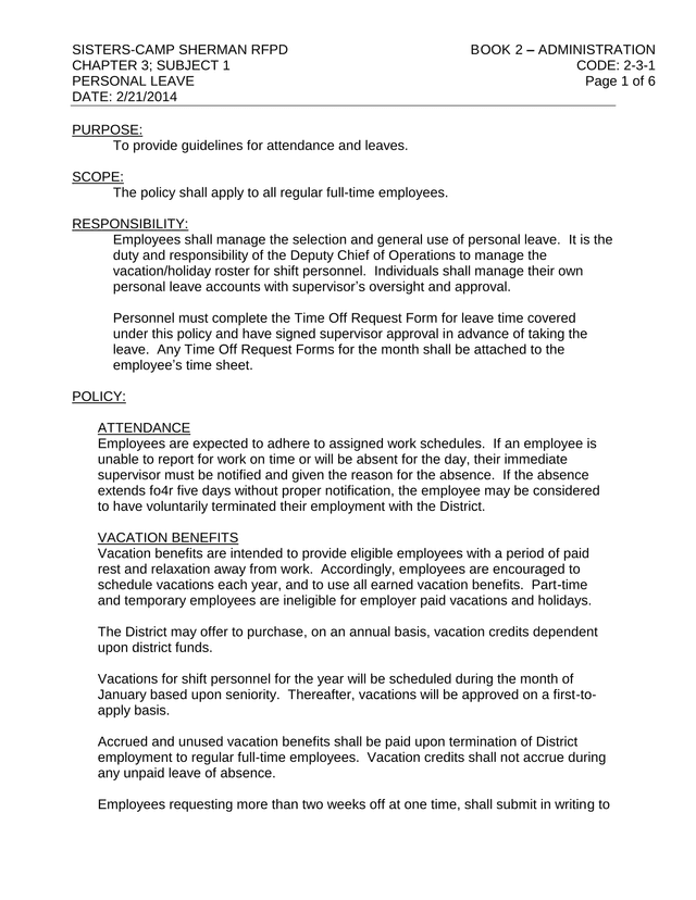 Personal Leave Policy screenshot