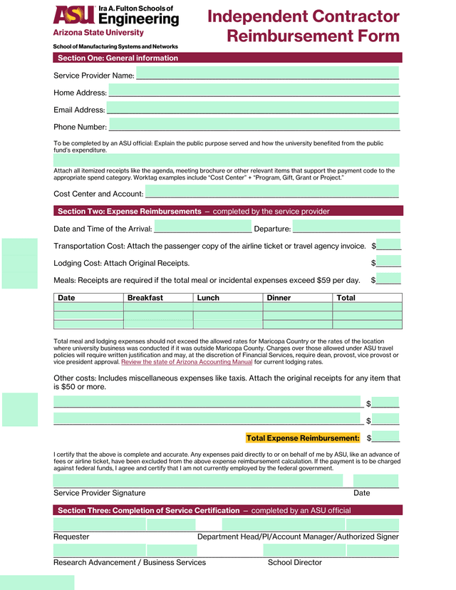 Independent Contractor Reimbursement Form screenshot