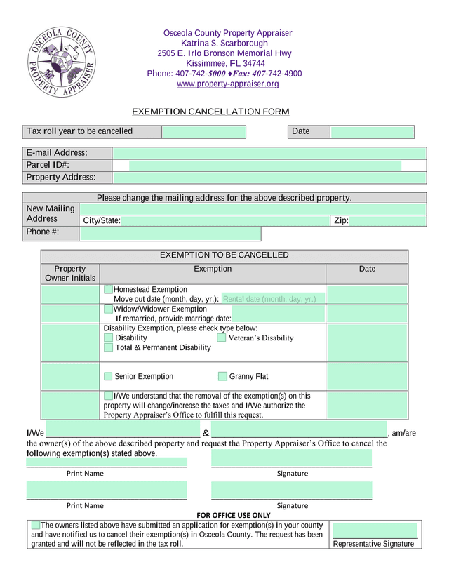 Exemption Cancellation Form screenshot