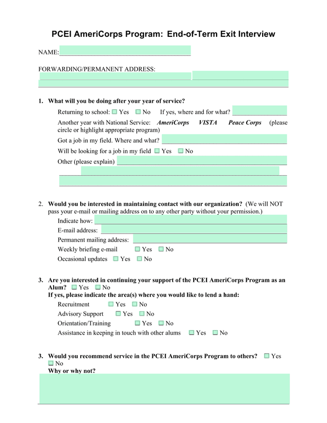 PCEI AmeriCorps Program End Of Term Exit Interview screenshot