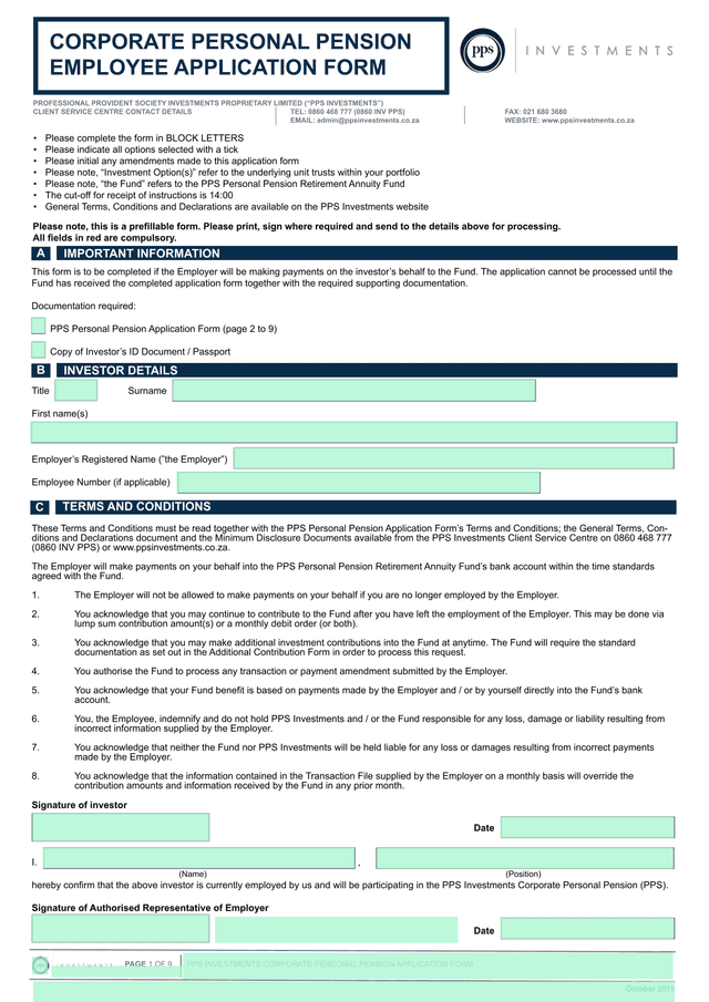 Corporate Personal Pension Employee Application Form screenshot
