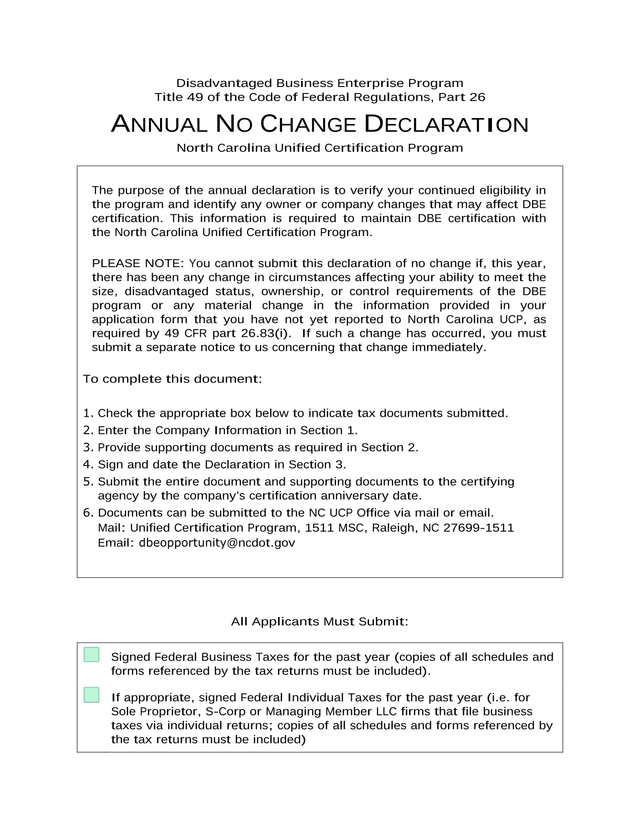 Disadvantaged Business Enterprise Program Annual No Change Declaration screenshot