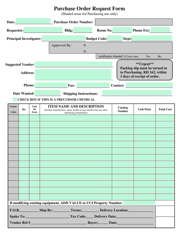 Purchase Order Request Form screenshot