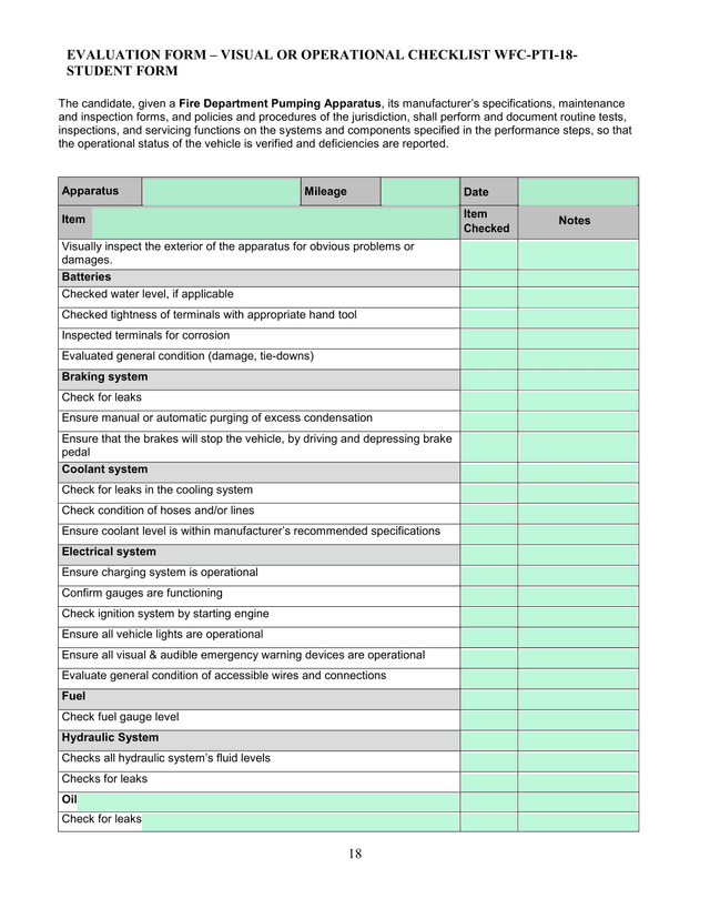 EVALUATION FORM  VISUAL OR OPERATIONAL CHECKLIST WFC PTI 18 STUDENT FORM screenshot