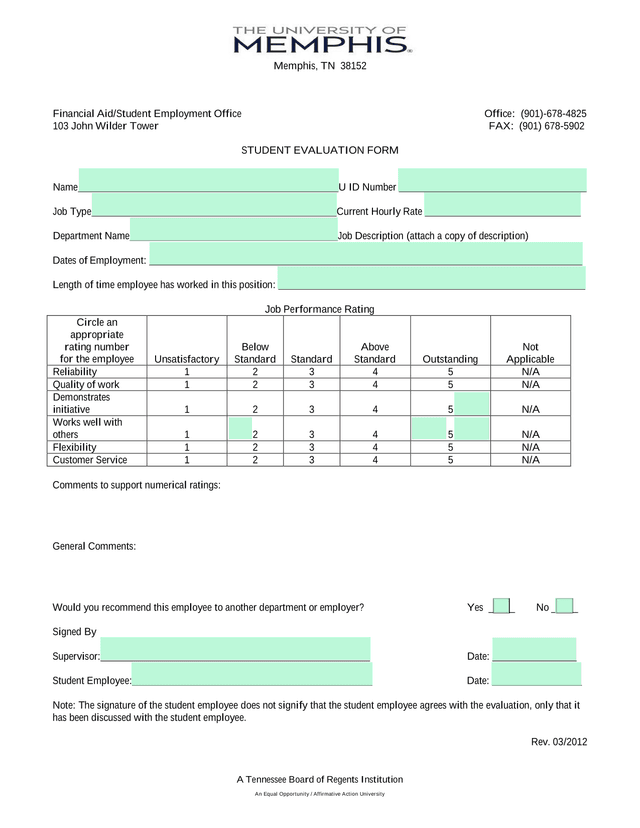 STUDENT EVALUATION FORM screenshot