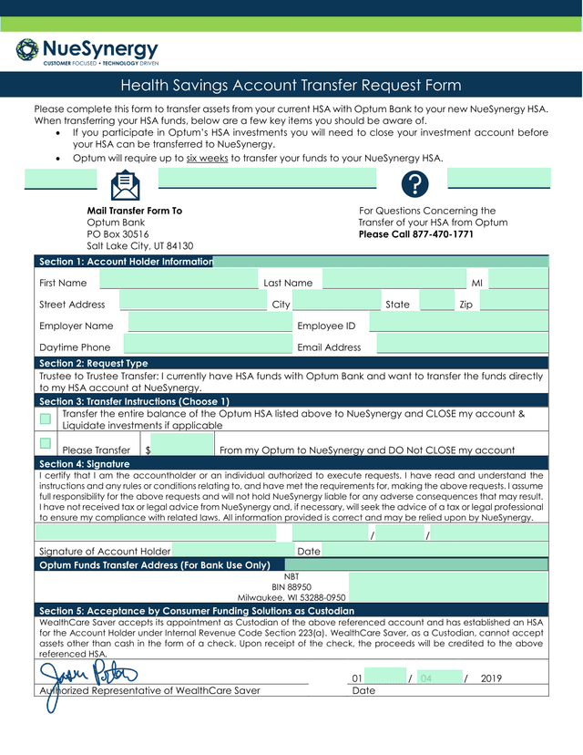 Health Savings Account Transfer Request Form screenshot