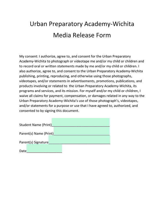 Urban Preparatory Academy Wichita Media Release Form screenshot