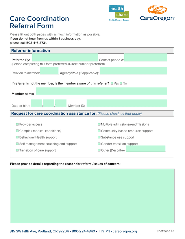 Care Coordination Referral Form screenshot