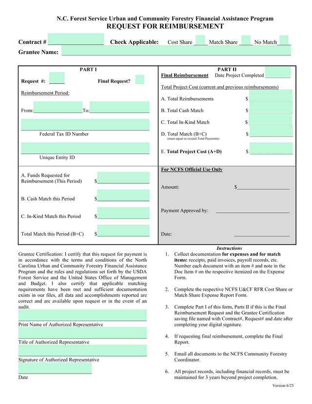 N.C. Forest Service Urban And Community Forestry Financial Assistance Program REQUEST FOR REIMBURSEM screenshot