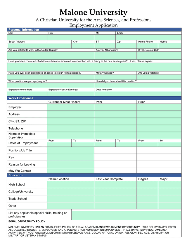 Malone University Employment Application screenshot