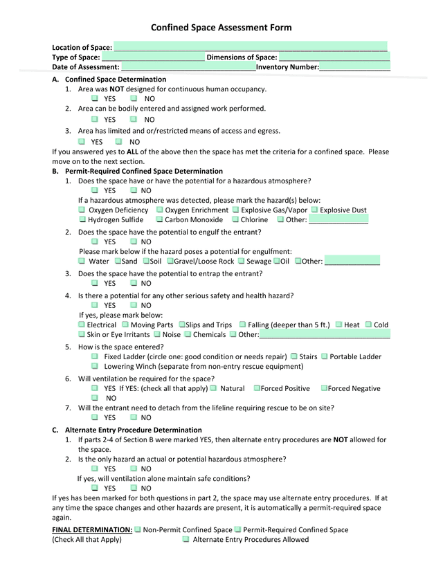 Confined Space Assessment Form screenshot