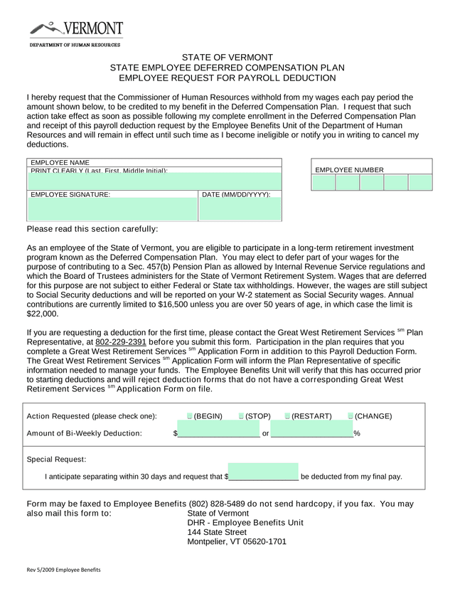 STATE OF VERMONT STATE EMPLOYEE DEFERRED COMPENSATION PLAN EMPLOYEE REQUEST FOR PAYROLL DEDUCTION screenshot