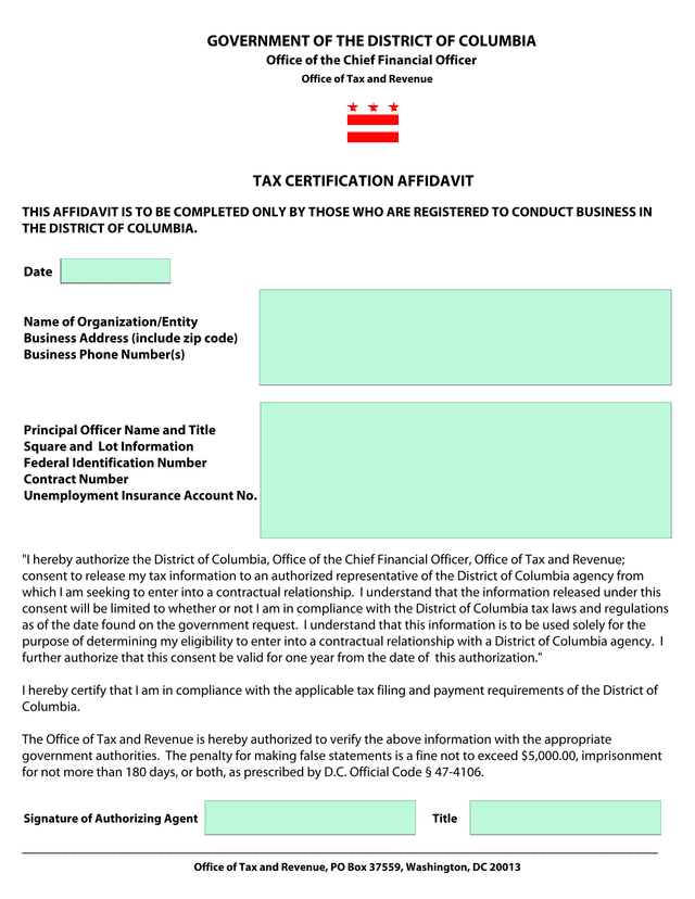 Tax Certification Affidavit screenshot