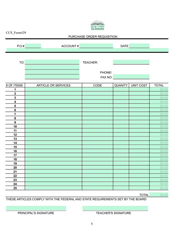 CCS Form29 PURCHASE ORDER REQUISITION screenshot