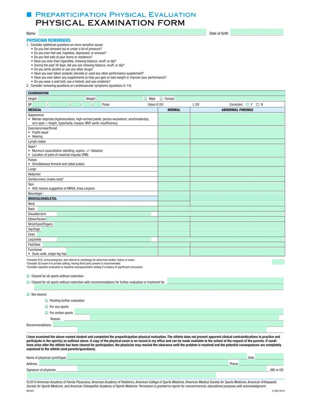 Preparticipation Physical Evaluation PHYSICAL EXAMINATION FORM screenshot