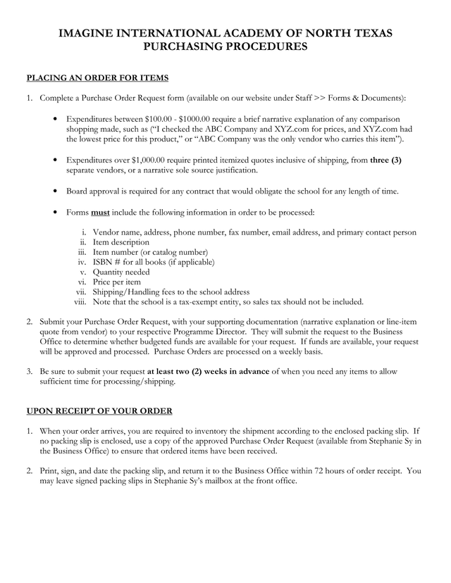 Purchasing Procedures screenshot
