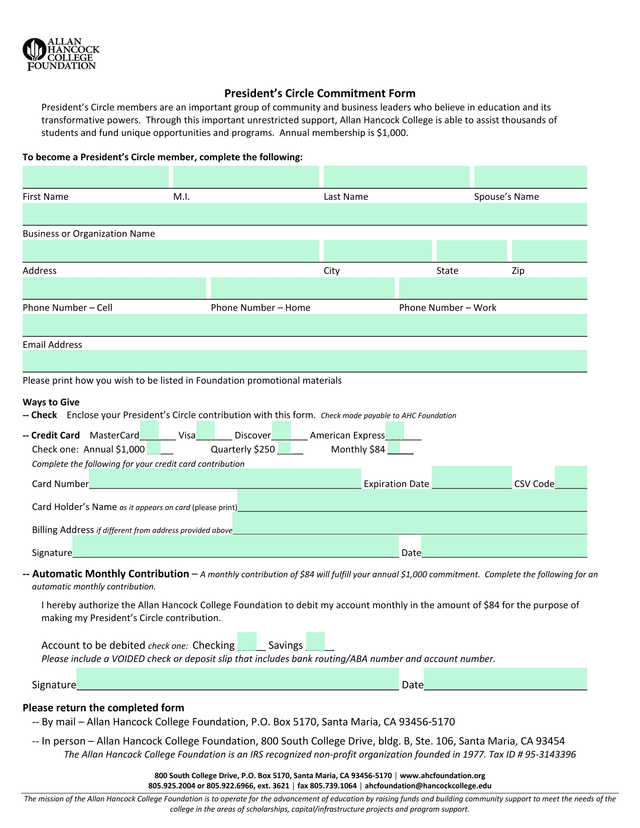 PresidentS Circle Commitment Form screenshot