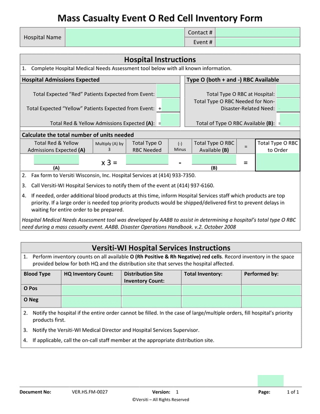 Mass Casualty Event O Red Cell Inventory Form screenshot