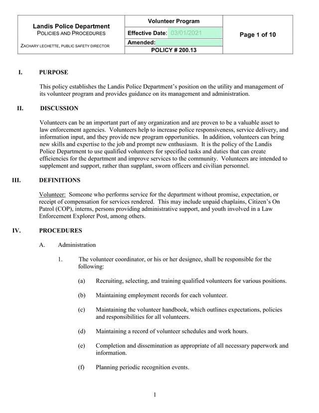 Landis Police Department Volunteer Program Policy screenshot