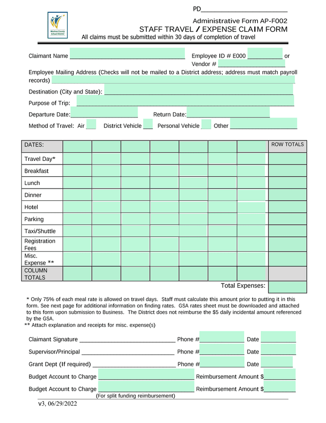 Administrative Form AP F002 STAFF TRAVEL  EXPENSE CLAIM FORM screenshot