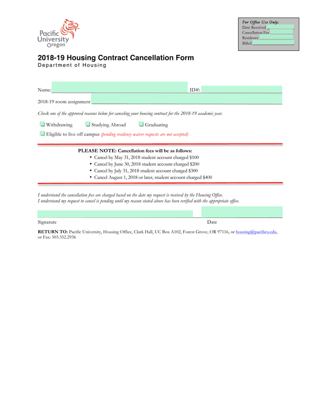 2018 19 Housing Contract Cancellation Form screenshot