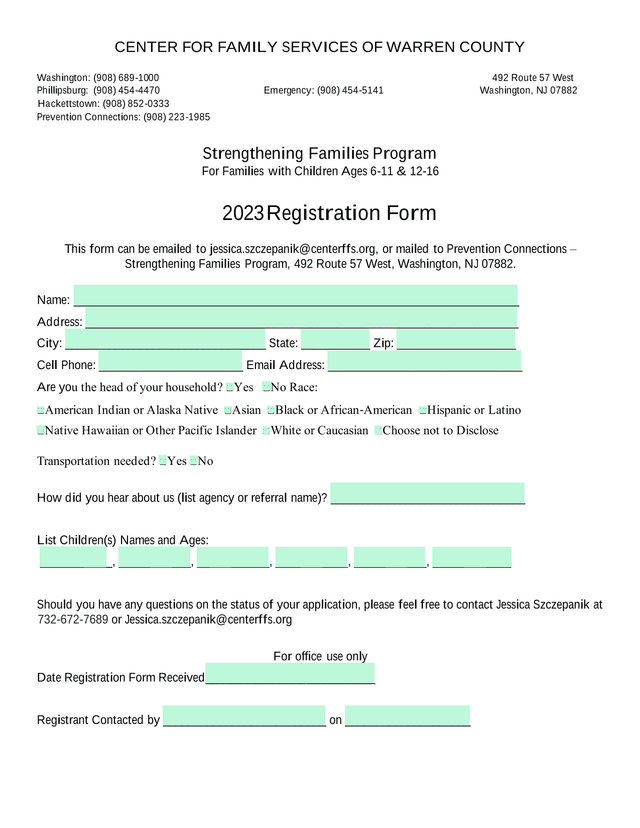 Strengthening Families Program 2023 Registration Form screenshot