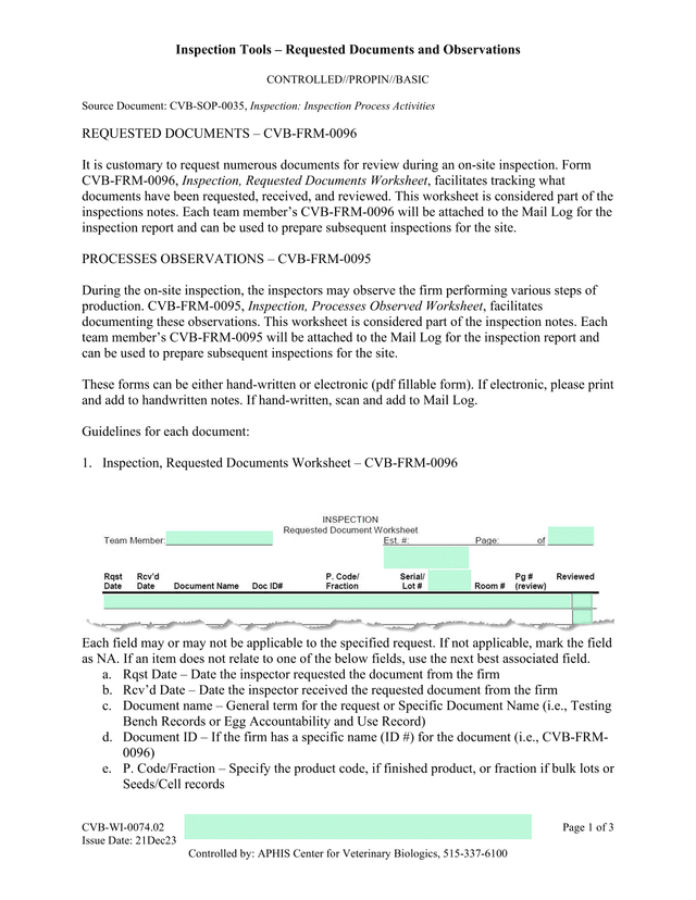 CVB FRM 0096, Inspection Requested Documents Worksheet screenshot