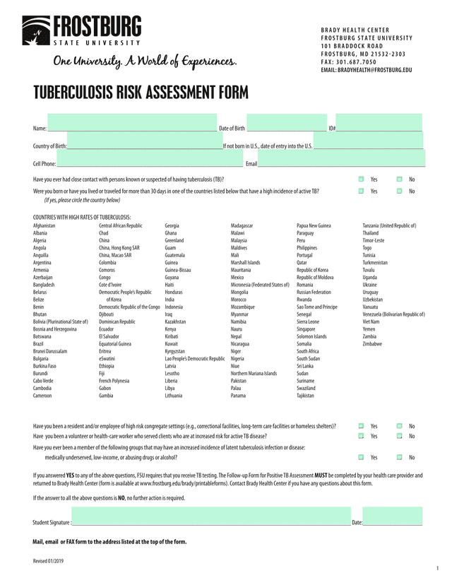 TUBERCULOSIS RISK ASSESSMENT FORM screenshot