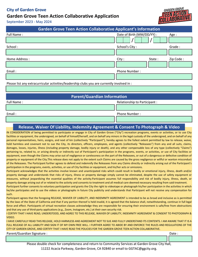 Garden Grove Teen Action Collaborative ApplicantS Information screenshot