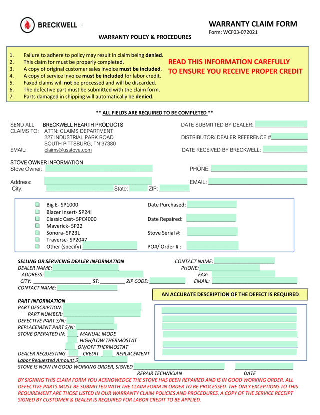 Warranty Claim Form screenshot