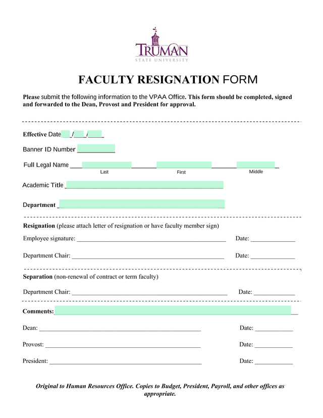 FACULTY RESIGNATION FORM screenshot