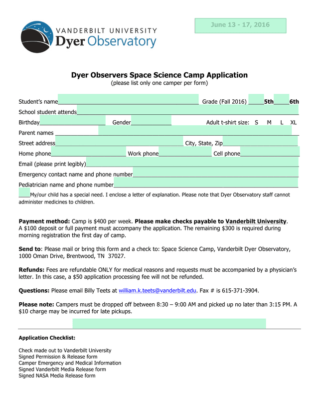 Dyer Observers Space Science Camp Application screenshot