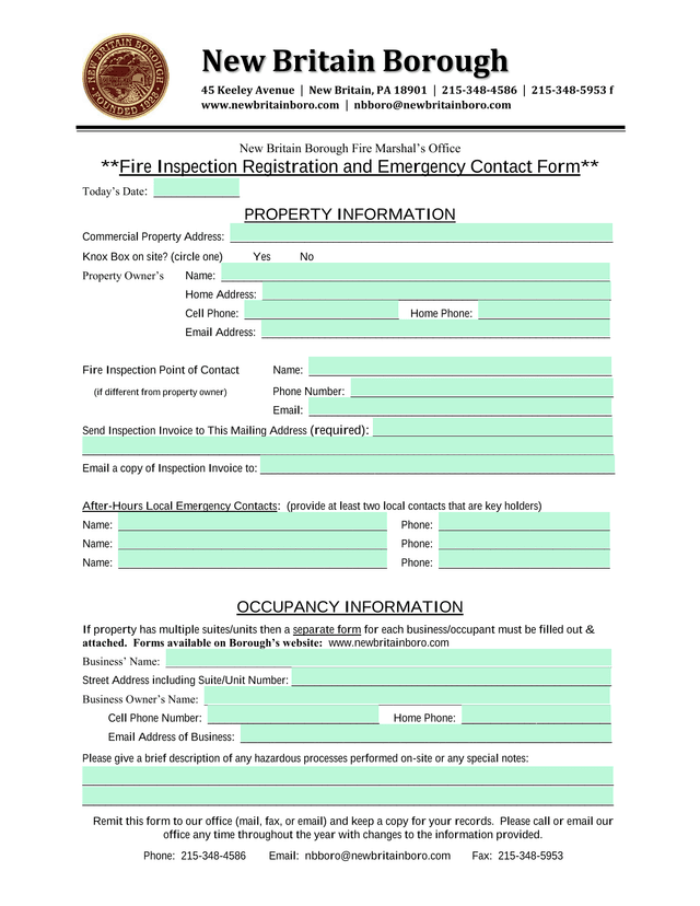 Fire Inspection Registration And Emergency Contact Form screenshot