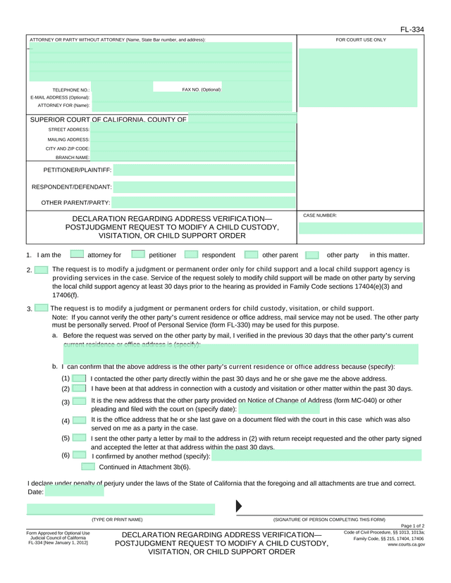 FL 334 Declaration Regarding Address Verification screenshot