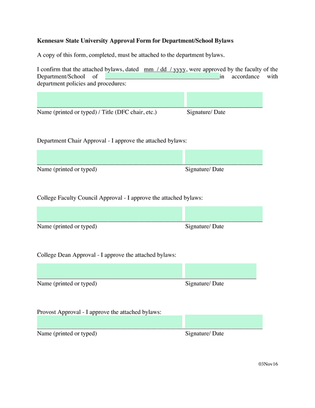 Kennesaw State University Approval Form For DepartmentSchool Bylaws screenshot