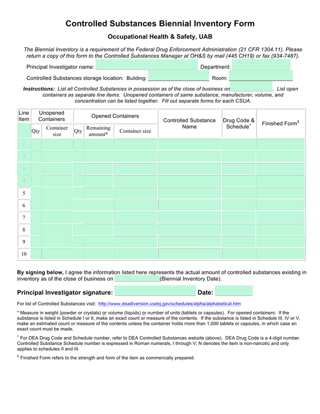 Controlled Substances Biennial Inventory Form screenshot