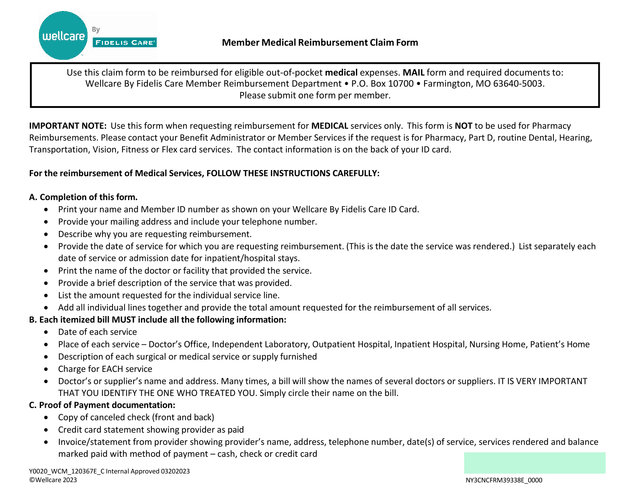 Member Medical Reimbursement Claim Form screenshot