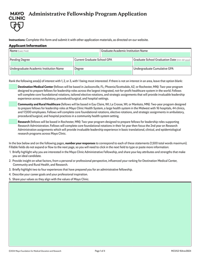 Mayo Clinic Administrative Fellowship Application Form screenshot