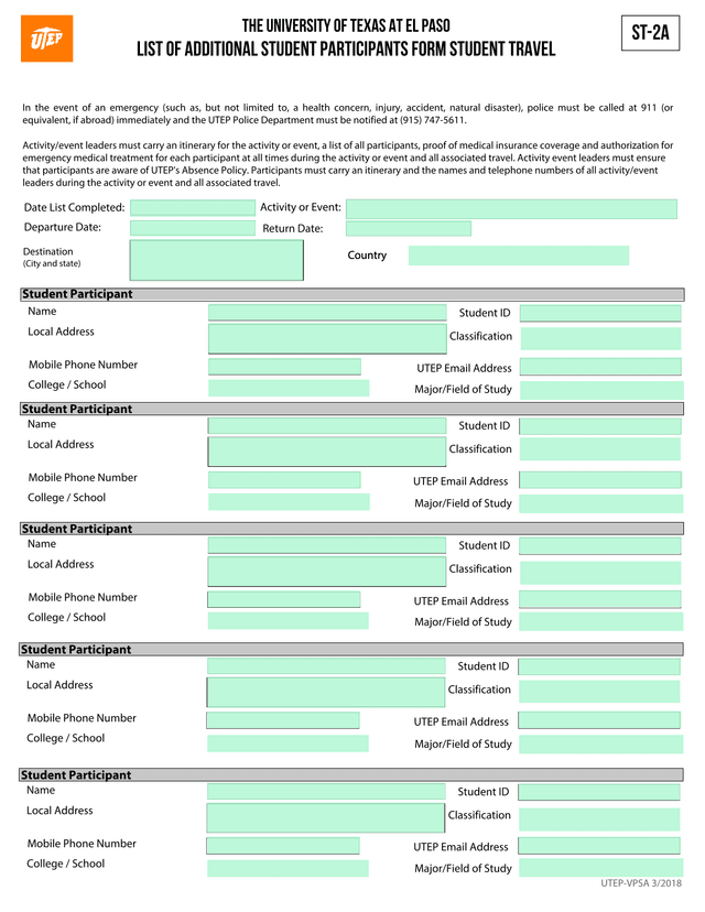 List Of Additional Student Participants Form screenshot