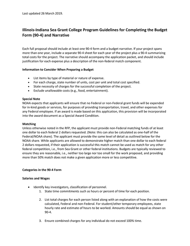 Illinois Indiana Sea Grant College Program Guidelines For Completing The Budget Form (90 4) And Narr screenshot