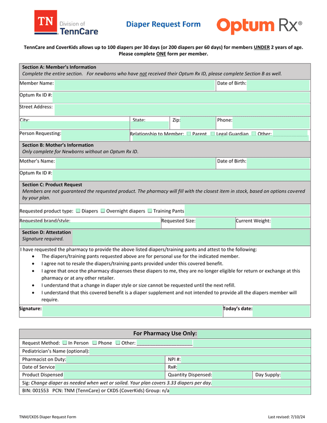 Diaper Request Form screenshot