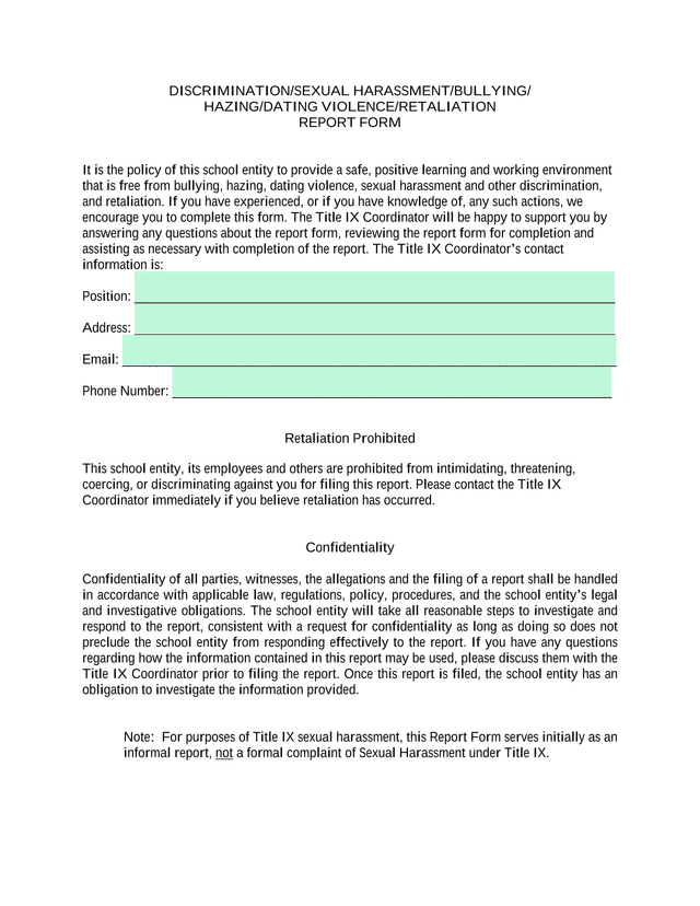 DISCRIMINATIONSEXUAL HARASSMENTBULLYINGHAZINGDATING VIOLENCERETALIATION REPORT FORM screenshot