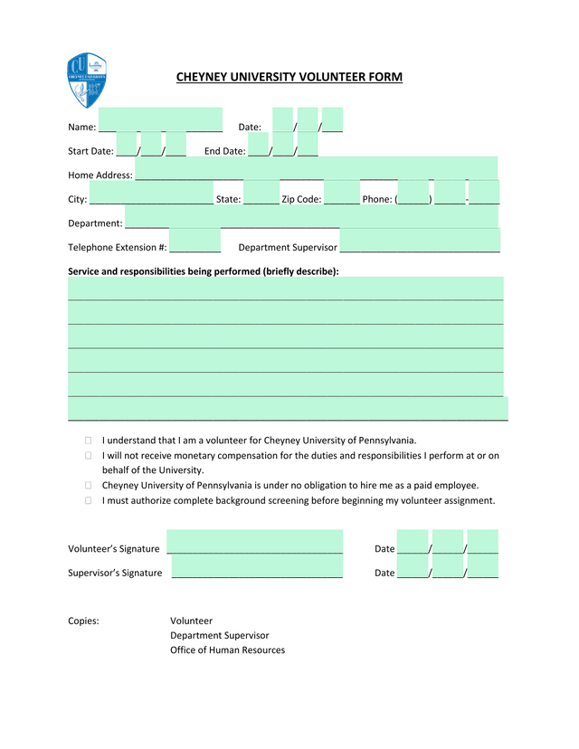 CHEYNEY UNIVERSITY VOLUNTEER FORM screenshot