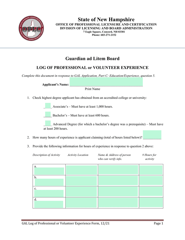 GAL Log Of Professional Or Volunteer Experience Form screenshot